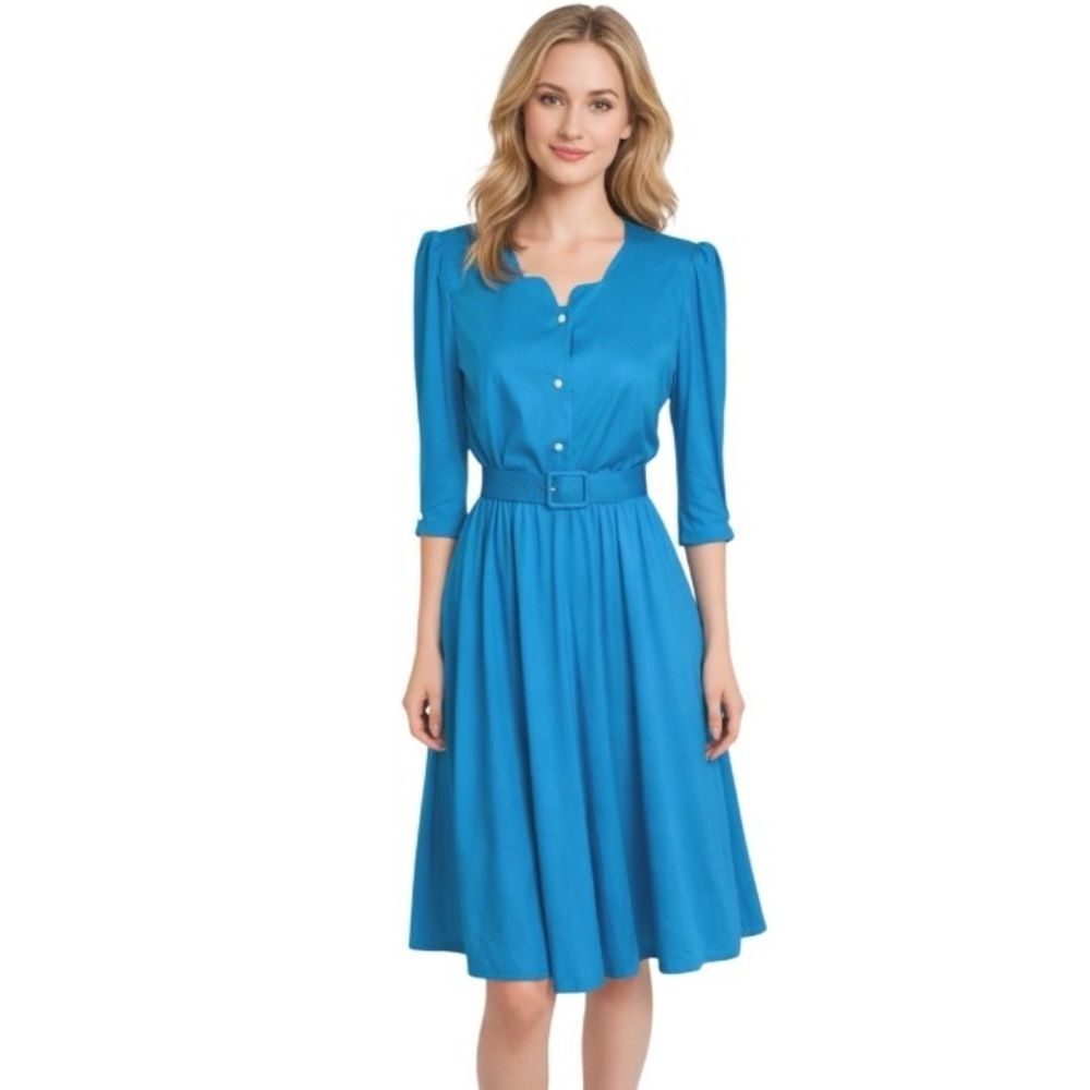 ANTHONY RICHARDS Blue Shirtwaist Dress Belted Elastic Waist Stretchy Size 6P 4P